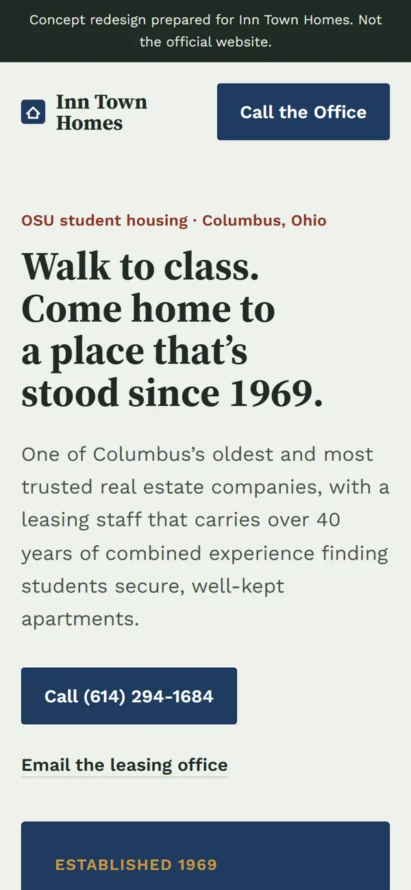 Inn Town Homes redesign on a phone