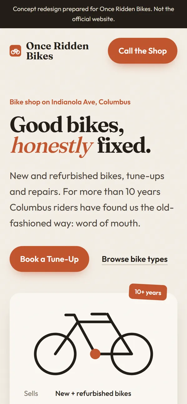 Once Ridden Bikes redesign on a phone
